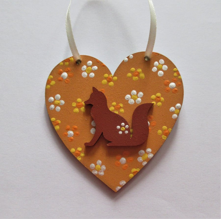Red Fox Hanging Heart Decoration Hand Painted Ditsy Flowers