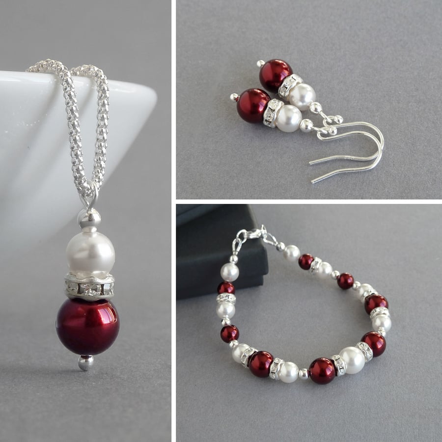 Claret Pearl Jewellery Set - Burgundy Wedding Necklace, Bracelet and Earring Set