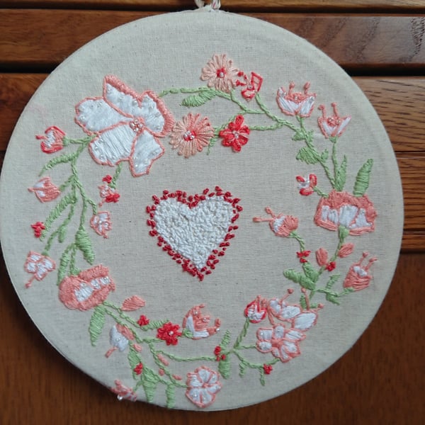 Pretty Flowers Wreath Embroidery Hoop Picture, Wall Hanging 
