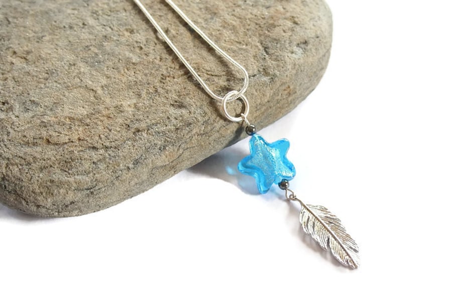 SALE - Silver necklace, feather necklace, star necklace, Sterling silver chain