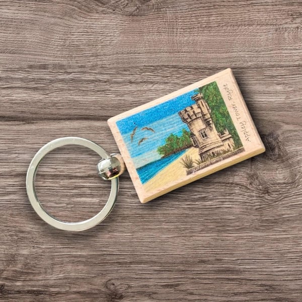 Isle of Wight Wooden Keyring featuring Appley Tower, Ryde