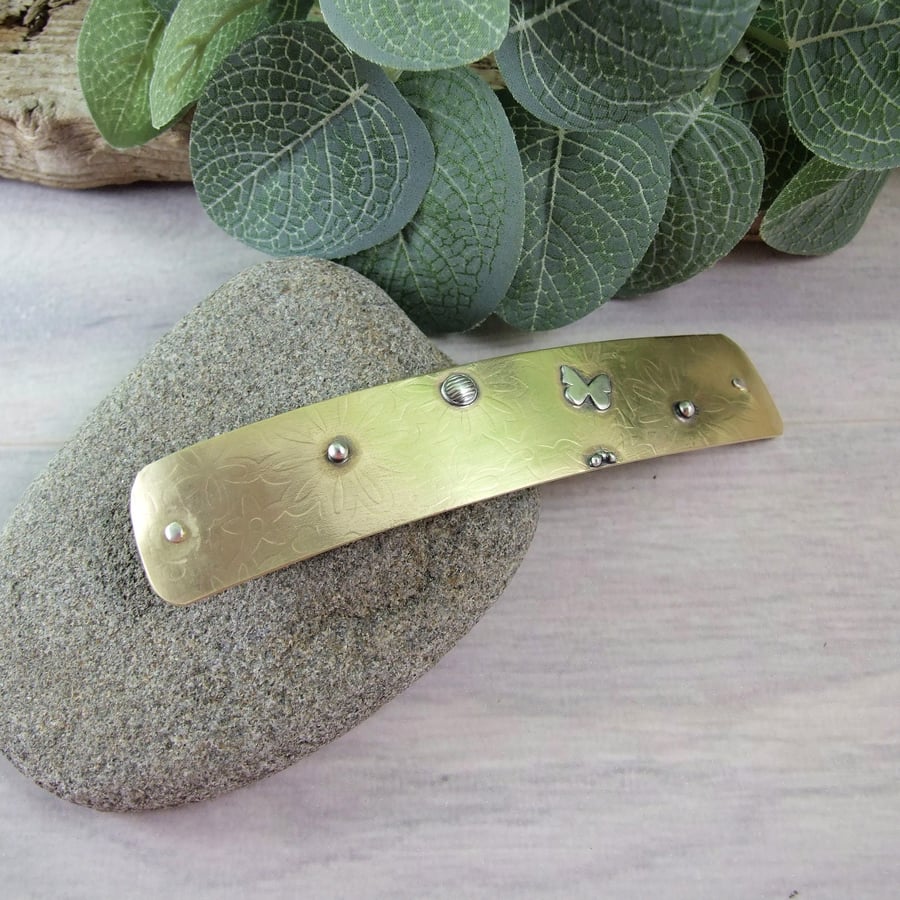 Hair Barrette, Long Brass Hair Slide with Butterfly and Flowers