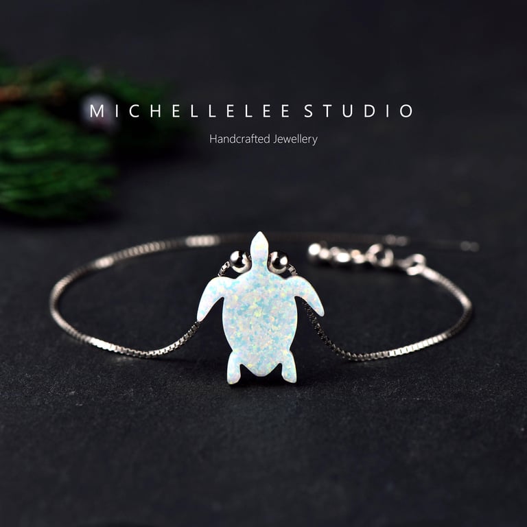 Synthetic Opal Turtle Bracelet With 925 Sterling Silver Chain