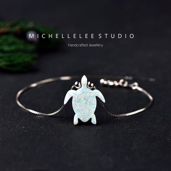 Synthetic Opal Turtle Bracelet With 925 Sterling Silver Chain