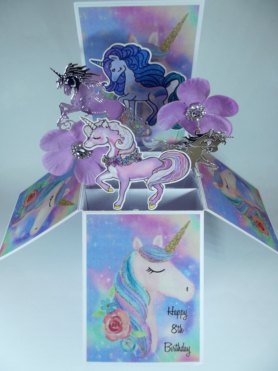 Girls 8th  Birthday Card with Unicorns