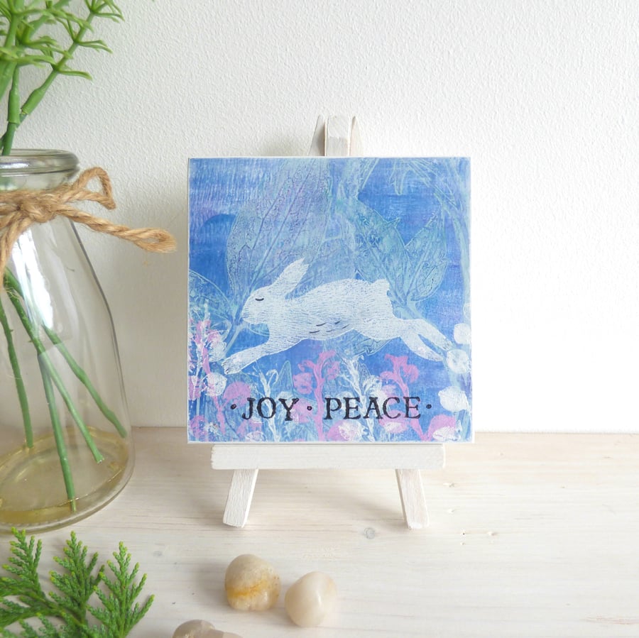 Joy Peace, Original Botanical Monoprint On Wood, Small Art With Easel, Rabbit 