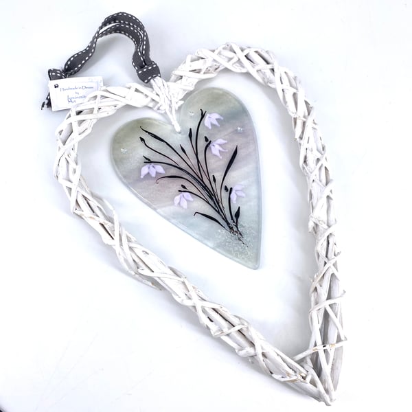 Glass & Wicker Heart with Delicate Pink & Black Flowers