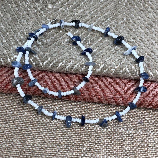 White glass and Sodalite choker necklace