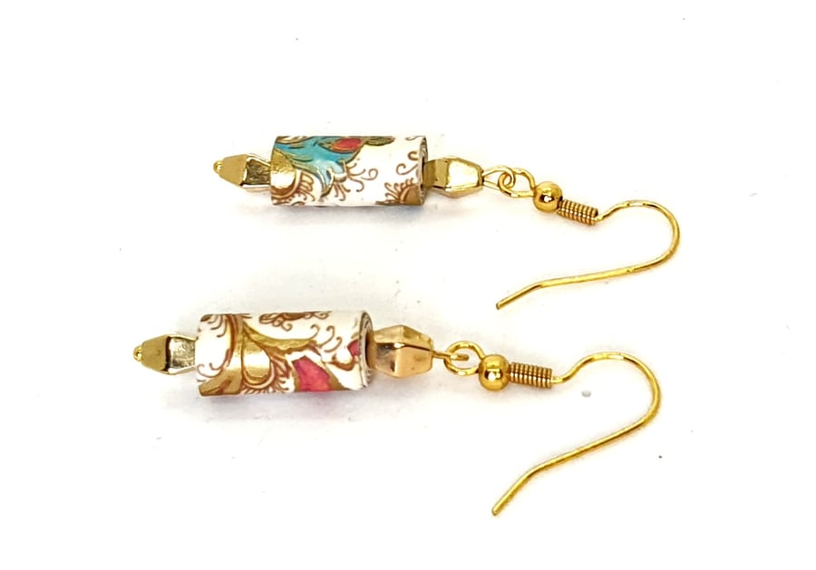 Pretty paper beaded earrings with intricate pastel pattern and gold effect