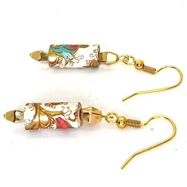 Pretty paper beaded earrings with intricate pastel pattern and gold effect