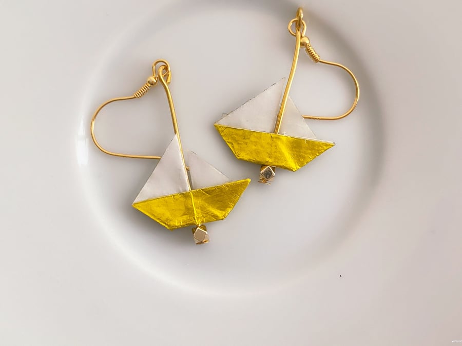 Origami Earrings, Paper Boat Earrings, Yacht Earrings, Gift for Sailors, Golden