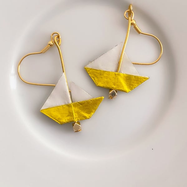 Origami Earrings, Paper Boat Earrings, Yacht Earrings, Gift for Sailors, Golden