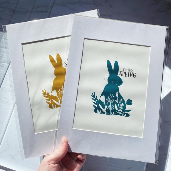 Hello Spring Bunny Mounted Lino Print