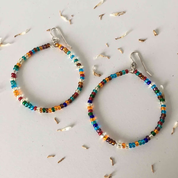 Multi coloured seed bead loop earrings 