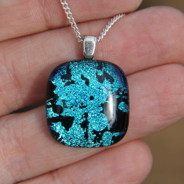 Handmade turquoise blue Splatter Pattern Dichroic Glass Pendant fused  SKU F22