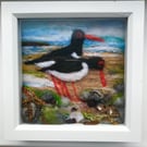 Needle felted picture- oystercatchers on the beach 
