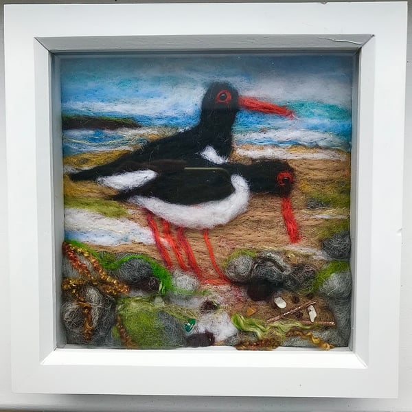 Needle felted picture- oystercatchers on the beach 