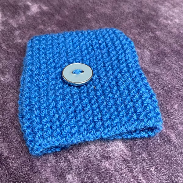 Coffee Cup Sleeve Hand knitted in Blue with Decorative Button 