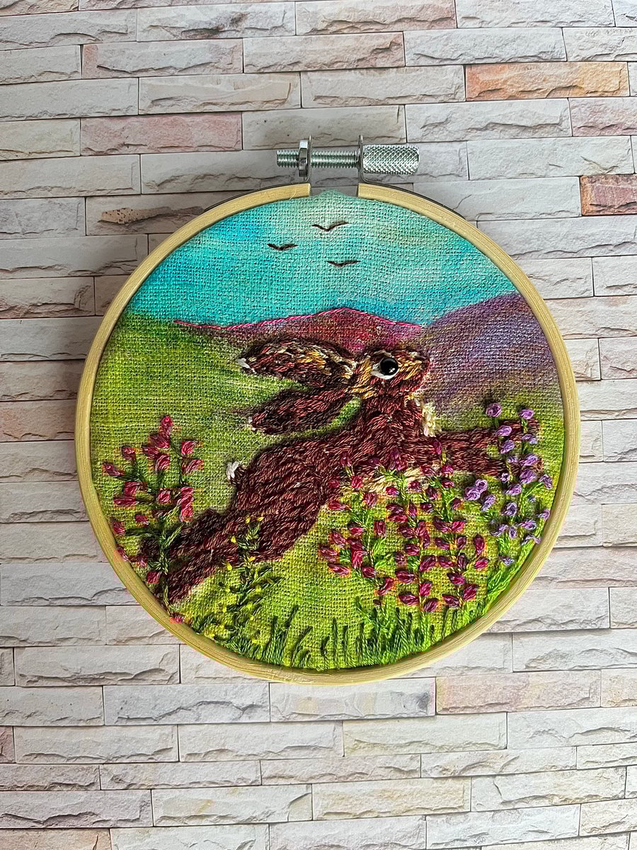 Springtime hare embroidered hoop picture 
