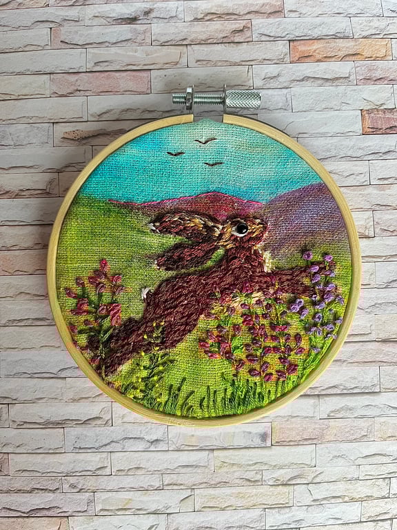 Springtime hare embroidered hoop picture 
