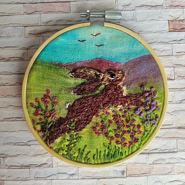 Springtime hare embroidered hoop picture 