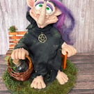 Witch on a Bench Figurine - Purple and black, with her witchy basket!