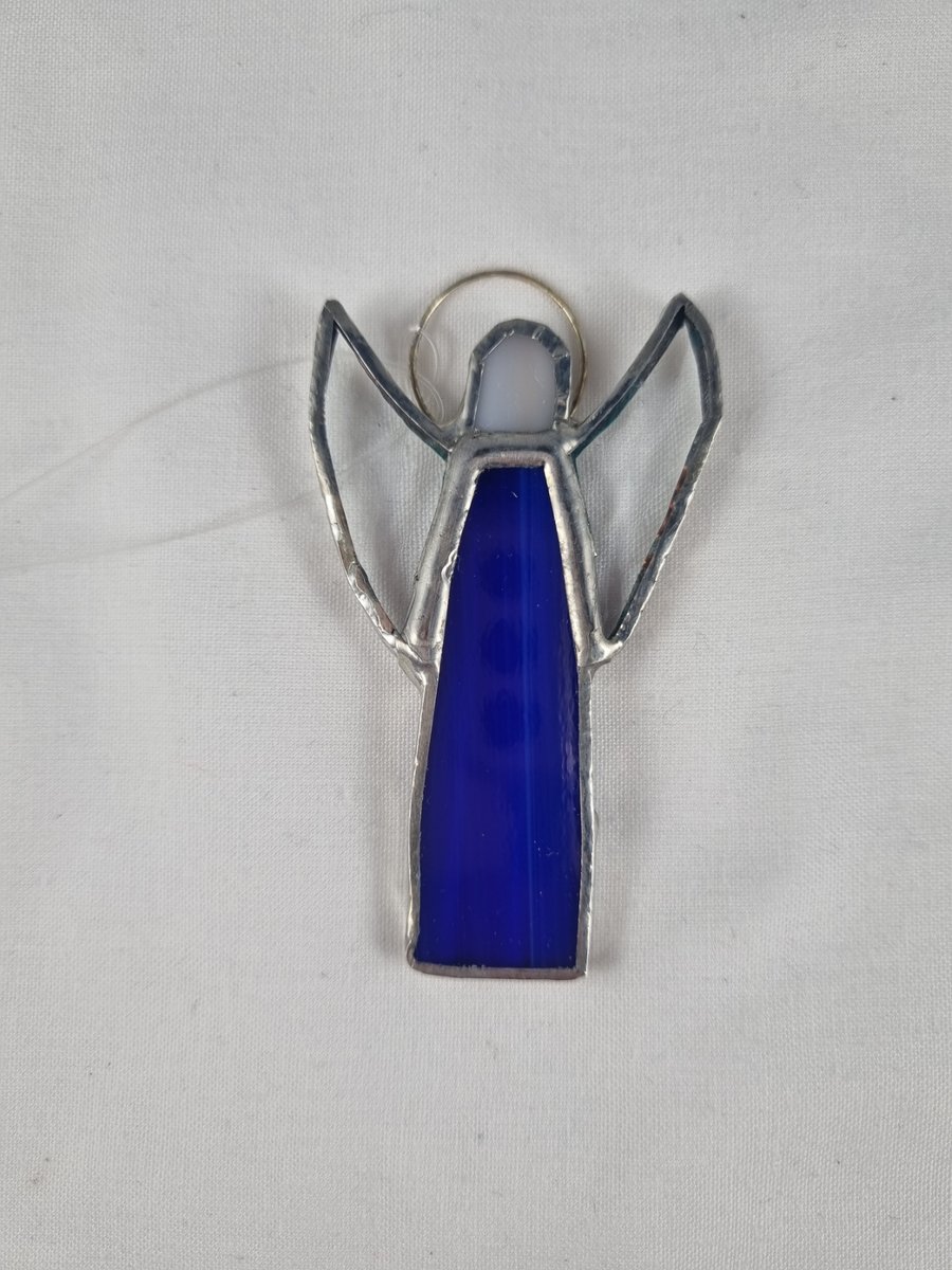 557 Stained Glass Small royal blue thin Angel - handmade hanging decoration.