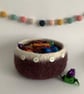 FELTED 'FUSSPOT' BOWL, desk tidy . Maroon, white rim  ( with button detail ) . - Image 4