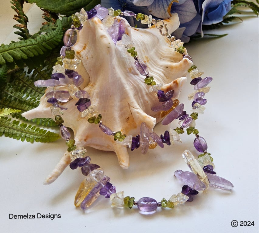 Gorgeous Organic Design Amethyst , Citrine & Peridot Sterling Silver Necklace