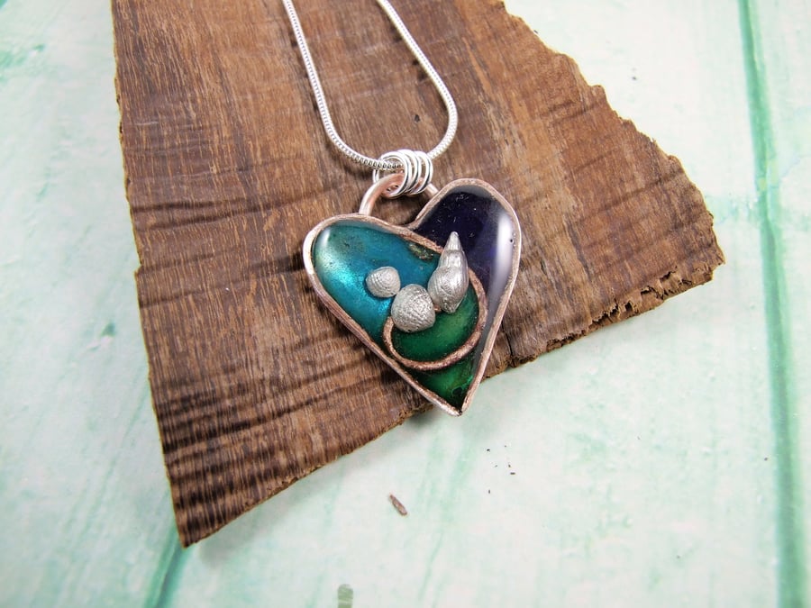 Rock Pool Heart Pendant, Copper, Sterling Silver  Enamel & Resin Necklace