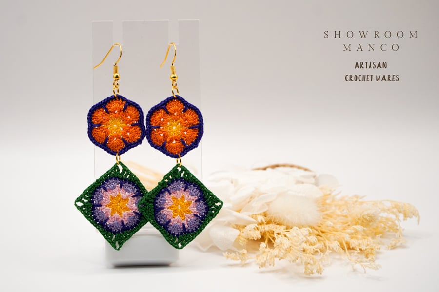 Colourful Floral Granny Square Earrings, Sterling Silver Hooks, drop earrings 