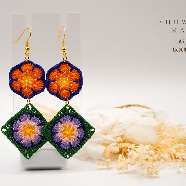 Colourful Floral Granny Square Earrings, Sterling Silver Hooks, drop earrings 