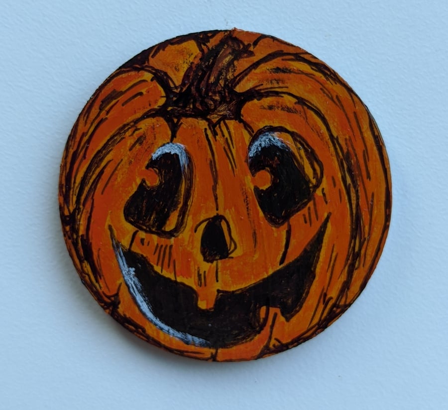 Mr Jack O Lantern handpainted freehand drawn brooch