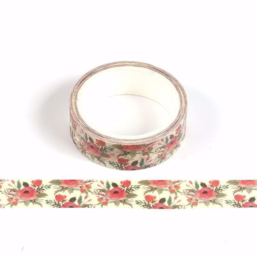 Red and Green Christmas Flowers Washi Tape Decorative Christmas Masking Tape 15m