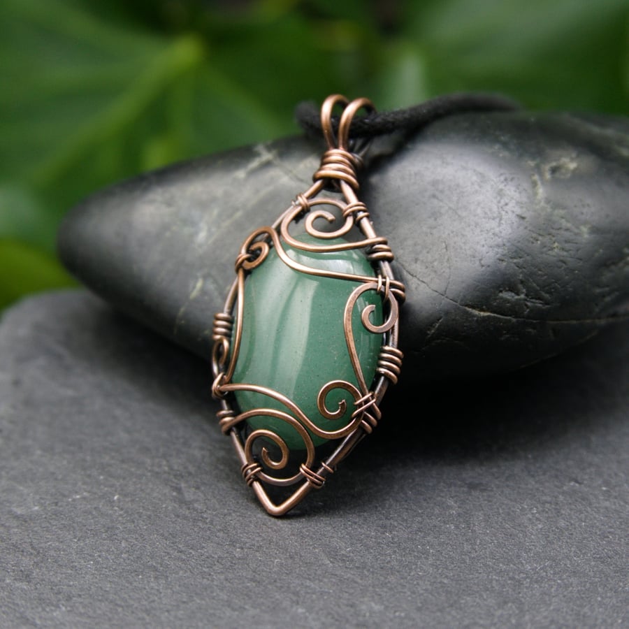 Copper Wire Scrolled Pendant - Green Aventurine Wire Wrapped Pendant Necklace