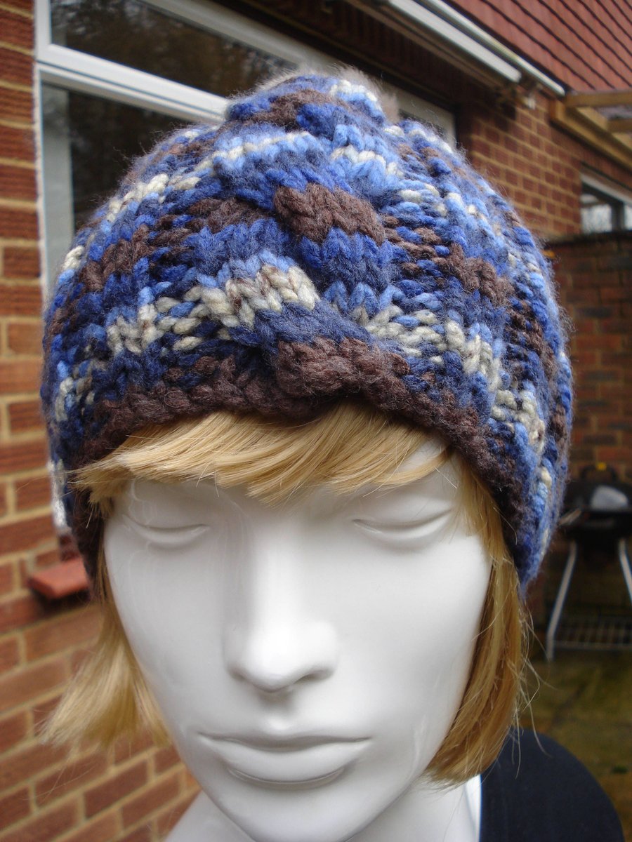 Chunky Hand Knitted Blue, Brown And White Hat With Brown Removable Bobble (295)