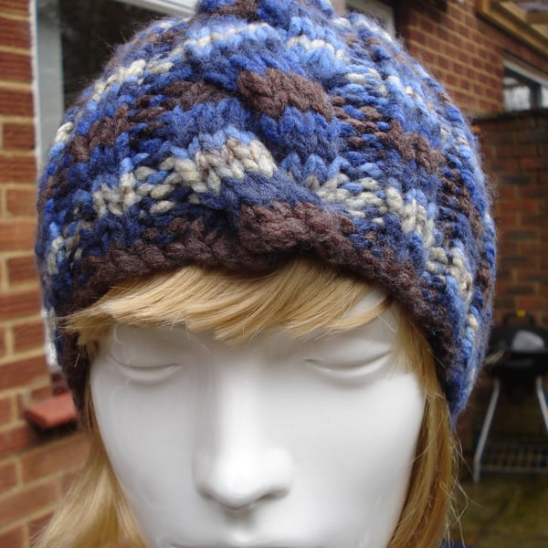 Chunky Hand Knitted Blue, Brown And White Hat With Brown Removable Bobble (295)
