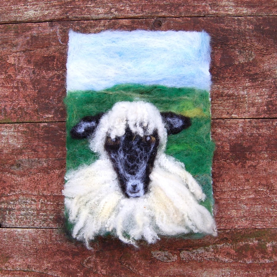 Textile art picture -  Sheep Portrait.   20 x 15 cm   Needle felt