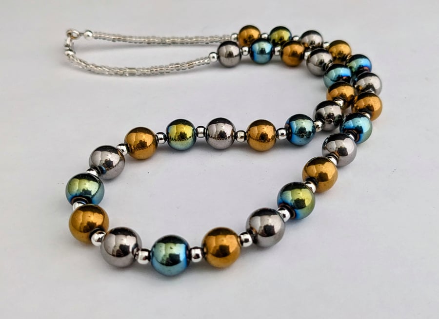 Silver, gold and greeny blue metallic glass bead necklace - 1002706