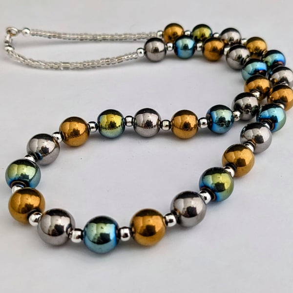 Silver, gold and greeny blue metallic glass bead necklace - 1002706
