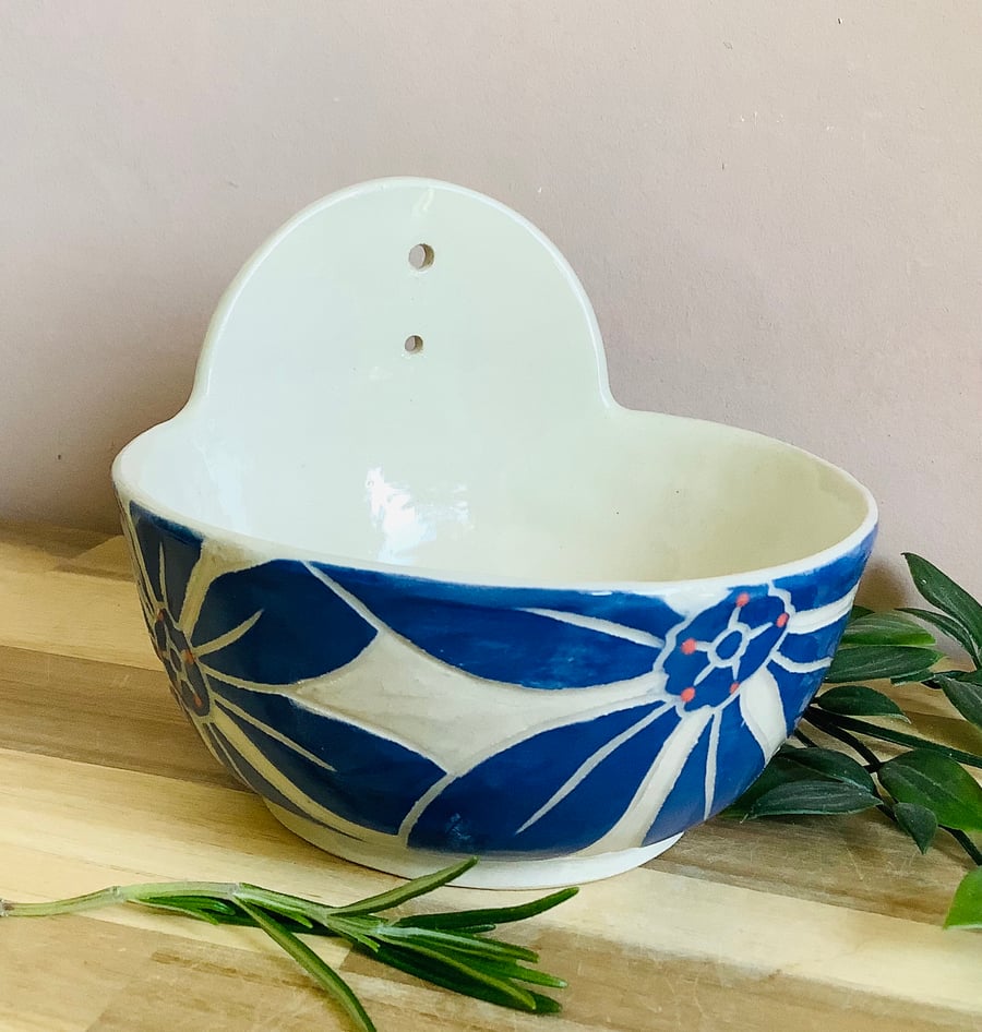 Blue flower herb stripper stoneware sgraffito 