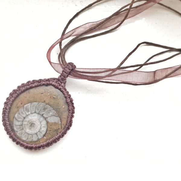 Ammonite Spiral Macrame Necklace, includes Free UK delivery