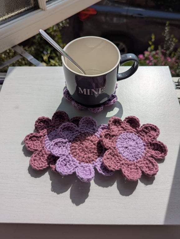 Crochet Coasters -  Plum & Lilac RetroFlowers 