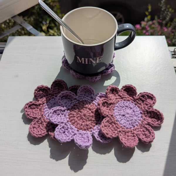 Crochet Coasters -  Plum & Lilac RetroFlowers 