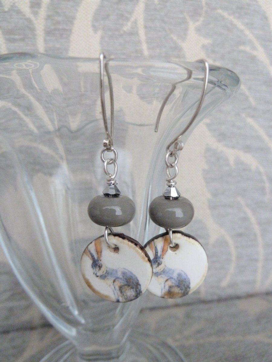 grey hare ceramic, lampwork and sterling silver earrings