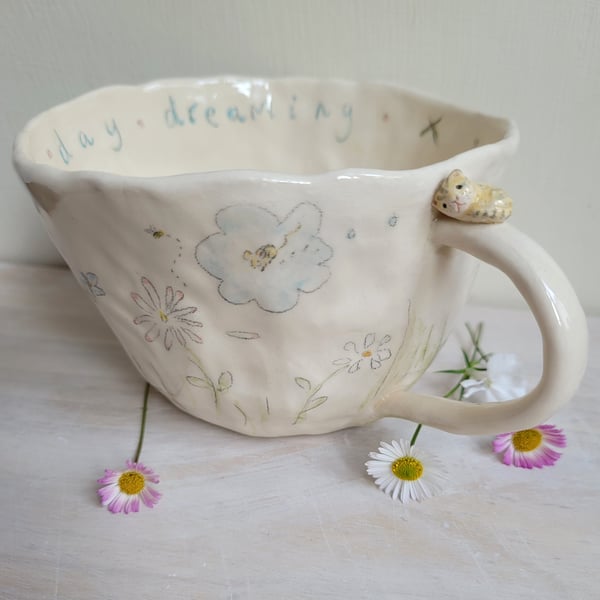 Handmade cat cups with tiny tabby cat, painted wild flowers & daydreaming words