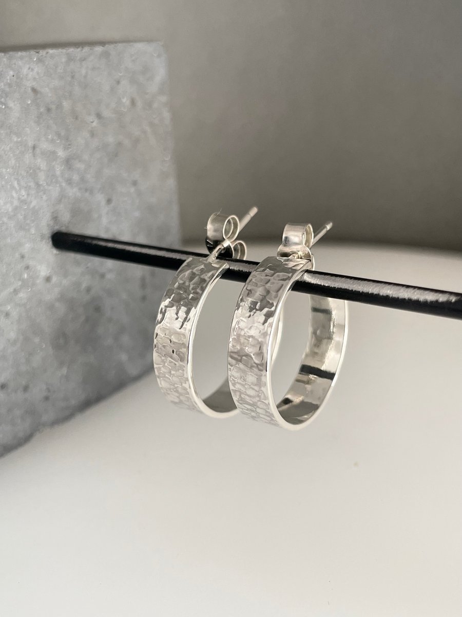 Sterling Silver Hoop earrings 5mm Wide Hammered-Sparkly Size 20mm Handmade
