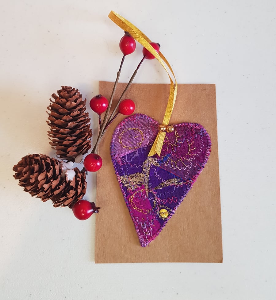 Silk heart hanging decoration: shades of mauve and purplee
