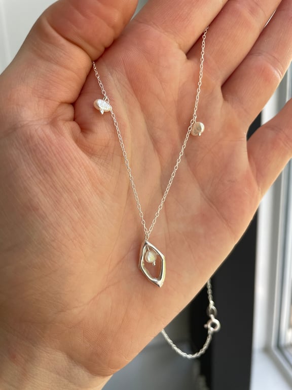 Pearl and silver necklace Wax cast diamond accent Perfectly imperfect