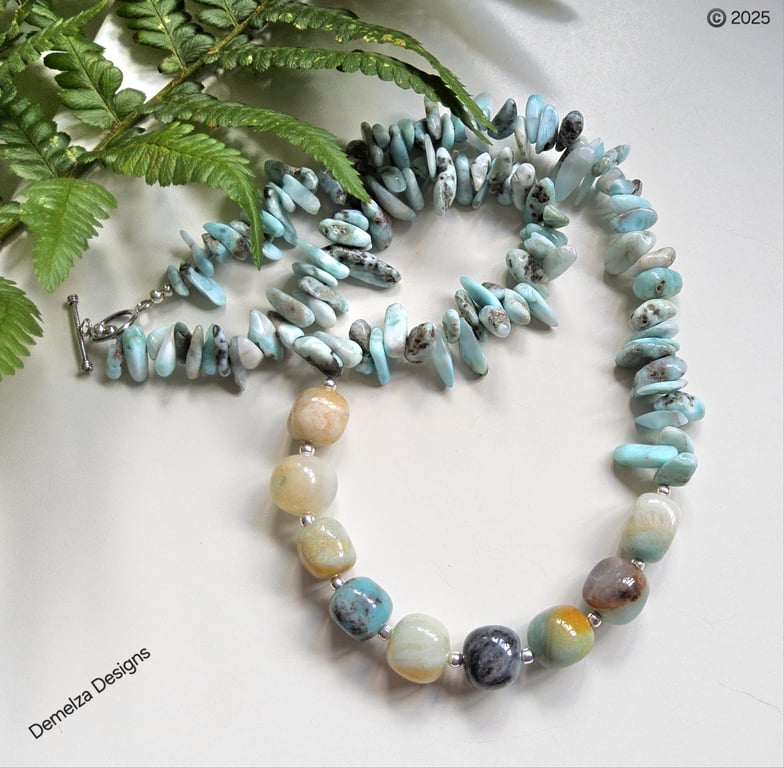 Designer Larimar & Amazonite Sterling Silver Necklace 